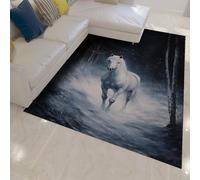 Felpudo de puerta en el bosque brumoso Caballo blanco galopando sobre alfombras lavables de pelo bajo con estampado nevado 120 x 180 cm - Decoración de suelo de estilo impresionista para oficina