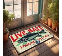 Felpudo de puerta pequeño, diseño vintage con cebo vivo y palitos de pesca con ilustración de peces, felpudo para el hogar, porche, puerta delantera exterior (40 x 60 cm)