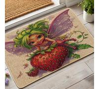 Felpudo decorativo de hada de fresa, verde Pixie para interiores y exteriores, de goma, impermeable, antideslizante, absorbe el polvo, fácil de limpiar, 73 x 43 cm