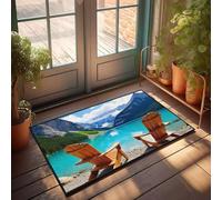 Felpudo decorativo para el hogar, dos sillas de madera frente a un lago sereno rodeado de montañas, tapete de otoño para casa de campo para exteriores (65 x 90 cm)