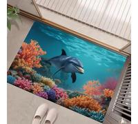 Felpudo Entrada Casa 40X60Cm, Alfombra Entrada Casa Interior Antideslizante Delfines Nadando En Arrecifes Coral, Lavable Felpudo De Alfombrilla Mundo Oceánico De Fantasía, Interior Tapete Azul Claro