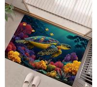Felpudo Entrada Casa 40x60cm, Alfombrilla Arrecife De Coral De Tortuga Antideslizante, Lavable Alfombra Ecología Marina Fácil de Limpiar para Puerta de casa, Entrada, Balcón, Pasillo, Azul-Verde