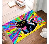 Felpudo Entrada Casa 50X80Cm, Alfombra Antideslizante Con Lindo Y Divertido Gato Negro Rayas Arcoíris De Moda Felpudo Suaves Absorbentes Interior Para Perro Cocina Puerta Pasillo, Azul-Púrpura