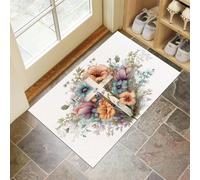 Felpudo Entrada Casa 60 X 90 Cm, Cruz Acuarelaalfombra Antideslizante Y Lavable En Lavadora, Alfombra Atrapapolvo Absorbentes para Perro, Entrada, Puerta, Pasillo Blanco Plantas con Flores