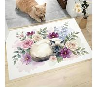 Felpudo Entrada Casa 60x120cm, Alfombra para Puerta Gata Luo Rodeada Peonías Antideslizante Lavable Alfombrilla Pintura Cálida Acuarela Suaves Absorbentes para Entrada, Pasillo, Cocina, Púrpura