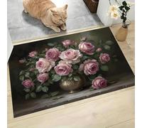 Felpudo Entrada Casa 60x90cm, Alfombrilla Pintura Al Óleo Jarrón Rosas Antideslizante, Lavable Alfombra Pastoral Retro Fácil de Limpiar para Puerta de casa, Entrada, Balcón, Pasillo, Verde Oscuro