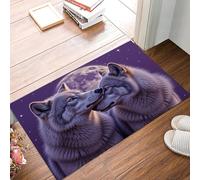 Felpudo Entrada Casa, 90X150Cm Alfombra Entrada Antideslizante Pareja De Lobos Soñadores, Alfombrilla Fino Paisaje Animal De Luna Llena Absorbentes Lavable Para Entrada, Pasillo, Cocina, Púrpura