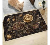 Felpudo Entrada Casa 90x150cm, Alfombra para Puerta Rosas Oro Plata Antideslizante Lavable Alfombrilla Melancolía Retro Floral Absorbentes Atrapapolvo para Entrada, Pasillo, Cocina, Amarillo Dorado