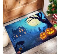 Felpudo Entrada Casa, Casa Embrujada Extraña Alfombra Entrada Casa Interior Antideslizante, Almohadilla Absorbente Y Duradera, Azul Oscuro Lavable En La Lavadora (Calabaza Malvada, 60 X 90 Cm)