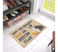 Felpudo Entrada casa Felpudo con la Frase Espero Que hayas comprado Cerveza y golosinas para Boston Terrier.