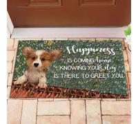 Felpudo Entrada casa Felpudo con la Frase La Felicidad está en Volver a casa de Corgi, cumpleaños para Amantes de los Perros Corgi.