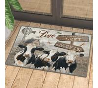 Felpudo Entrada casa Felpudo con la Frase Vive como si Alguien hubiera dejado la Puerta Abierta del Ganado Holstein Friesian.