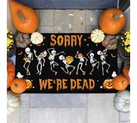 Felpudo Entrada casa Felpudo de Esqueleto Bailando de Halloween con el Mensaje Lo sentimos, Estamos Muertos.