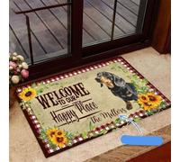 Felpudo Entrada casa Felpudo Personalizado con diseño de Perro Salchicha: ¡Bienvenidos a Nuestro Lugar Feliz!