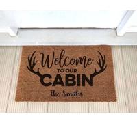 Felpudo Entrada casa Felpudo Personalizado de Caza de Ciervos: ¡Bienvenidos a Nuestra cabaña! Astas