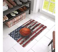 Felpudo Entrada casa Tapete Divertido para Interiores y Exteriores con la Bandera Estadounidense y la Pared Rota, basado en un Baloncesto.