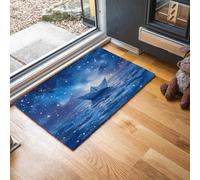 Felpudo Exterior e Interior, 60x90cm Alfombra Entrada Barcos Papel Navegando Por El Océano Antideslizante Felpudo Cielo Estrellado Acuarela Lavable, para Puerta de casa, balcón, jardín, Azul Oscuro