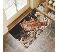 Felpudo Fino Para Interiores, 60X90Cm, Animales Japoneses Ukiyo-E | Alfombra Antideslizante Lavable Para Entrada, Búho Retro Olas Del Océano Felpudo De Perfil Bajo, Atrapa Suciedad, Gris Carbón