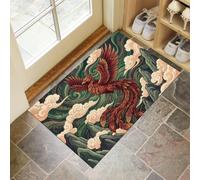Felpudo Fino Para Interiores,90X150Cm,Animales Mitológicos Orientales | Alfombra Antideslizante Lavable Para Entrada,Fénix Nubes Cielo Estrellado Felpudo De Perfil Bajo,Atrapa Suciedad,Verde Oscuro