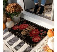 Felpudo gótico floral, calavera negra y rosas rojas, tapete de bienvenida para decoración de Halloween y otoño, goma impermeable, antideslizante, absorbe el polvo, fácil de limpiar, 29 x 17 pulgadas