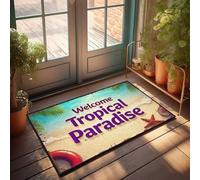 Felpudo grande para entrada al aire libre, bienvenido a nuestro paraíso tropical, tapete grande para exteriores, divertido tapete para puerta delantera al aire libre (65 x 90 cm)