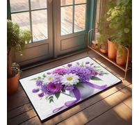 Felpudo grande para entrada de interior, ramo de flores moradas y blancas en un florero, felpudo para decoración de café y bar (65 x 90 cm)