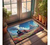 Felpudo grande para puerta al aire libre, viaje en tren de vapor a través de un paisaje lleno de flores, felpudo para hombre, cueva, alfombras de otoño al aire libre (40 x 60 cm)