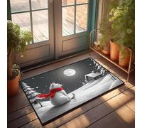 Felpudo grande para puerta delantera, diseño de gato blanco con una bufanda roja y se sienta en un paisaje nevado bajo una luna llena, felpudo para porche delantero, decoración de otoño solo para el