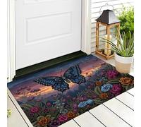 Felpudo Interior 45 x 75 cm, Base Antideslizante Pelo Corto Multiusos - Atardecer Mariposas Parterres De Flores Representación Realista De Animales Naturales, Felpudo Exterior Para Puerta De Casa