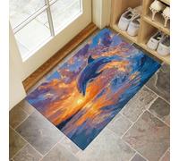 Felpudo Interior 60 x 90 cm, Base Antideslizante Pelo Corto Multiusos - Puesta De Sol Delfines Saltando Fuera Del Agua Animales En Pintura Al Óleo Abstracta, Felpudo Exterior Para Puerta De Casa