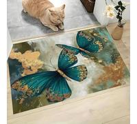 Felpudo Lavable Pintura Al Óleo Mariposa Pan Oro Animales Lujosos Para Puerta De Entrada Antideslizante, Absorbente, Suave Alfombra De Cocina Contemporánea Baño Entrada Salón 90X150Cm Azul Verdoso