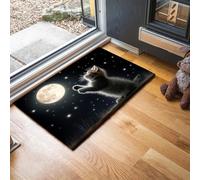 Felpudo Lindo Gato Luna Llena Lavable, Alfombra Pequeña Animales Del Cielo Estrellado De 40X60Cm, Tapetes De Puerta Suaves Para Entrada, Alfombras De Entrada Antideslizantes Negro De Pelo Bajo