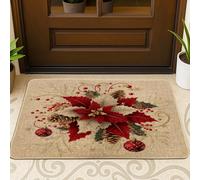 Felpudo negro con diseño de flor de pascua de Feliz Navidad, 29 x 17 pulgadas, felpudo antideslizante para exteriores, diseño de bolas de Navidad, para patio, garaje, zapatos fuera de la puerta