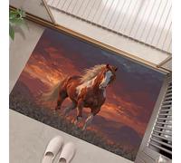 Felpudo para exterior e interior - Welcome con Marrón Realismo animal Caballos al galope en el cielo del atardecer - 50 x 80 cm - Felpudo impermeable y antideslizante - Felpudos para puerta de casa