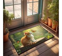 Felpudo para puerta de entrada al aire libre, un gatito curioso observa una mariposa en un bosque iluminado por el sol, tapete para interiores y exteriores, tapete para puerta delantera de otoño (50 x