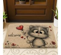 Felpudo para puerta de gato, diseño de corazón y flores, no rojo, lavable, perfil bajo, decoración de entrada, para porche delantero, baño, oficina, 29 x 17 pulgadas