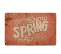 Felpudo para puerta de primavera con texto en inglés "Hello Spring Word", hojas de flores, botánico, bonito, moderno, rosa, blanco, goma, antideslizante, impermeable, para interiores, puerta delantera