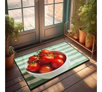 Felpudo para puerta delantera con divertidos tomates cerezas frescos en un cuenco blanco sobre un mantel a rayas verdes y blancas, felpudo al aire libre, bar, accesorios, decoración de habitación de