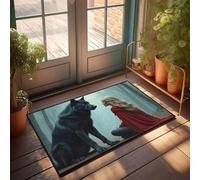 Felpudo para puerta delantera con texto en inglés "A Woman In A Red Cloak Sits Facing A Black Wolf In A Misty Forest Doormat Outdoor Bar Accessories Decor Boys Room Decor (50 x 80 cm)