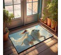 Felpudo para puerta delantera, divertido con texto en inglés "A Woman Rides A Majestic White Lion Through The Clouds", para exteriores, bar, accesorios, decoración de habitación de niños (40 x 60 cm)