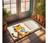 Felpudo para puerta delantera, divertido y adorable tigre disfrutando del café: una acogedora rutina matutina, decoración de otoño al aire libre (65 x 90 cm)