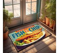 Felpudo para puerta delantera, divertido y tradicional con pescado y patatas fritas con limón y lechuga, decoración de otoño al aire libre (65 x 90 cm)