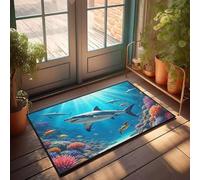 Felpudo único para entrada interior, tiburones nadando entre coloridos arrecifes de coral, tapete de otoño para decoración de habitación de hombre (50 x 80 cm)