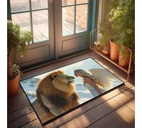 Felpudo único para entrada interior, un león majestuoso y una mujer angélica se asombran el uno al otro, tapete de otoño para decoración de habitación de hombre (65 x 90 cm)