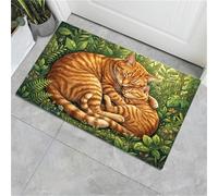 Felpudo Verde Oscuro Con Cachorros Gata Naranja Campestre Para Interiores Exteriores, 90X150Cm Bosque Animales Alfombra Entrada Lavable Suave, Tapete Antideslizante Para Cocina Puerta Baño Pasillo