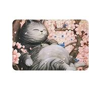 Felpudos 40x60cm, Lindo Gato Gordo Tumbado En Un Cerezo con Pétalos Rosas, Animal Y Flower Alfombra Baño Antideslizante Alfombra Limpia, para Ducha, Salon, Interior O Exterior, Dormitorio