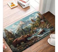 Felpudos Bear Cabin Wild Animal Rustic Bear Tree Mountain River Nature Scenery Alfombra De Entrada Resistente Alfombras Baño Absorbentes Doormat para Cocina Dormitorio Oficina 40X60 CM