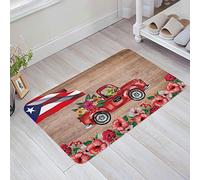 Felpudos Camión con La Bandera De Puerto Rico, Rana De Arrastre sobre Madera Rústica Felpudo Exterior Microfibra Lavable A Máquina Tapete Mascotas, para Terraza, Cocina, Ducha, 40x60cm