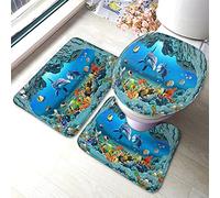 Felpudos Delfines Corales 3D Mundo Submarino Baño Alfombras Baño Resistente Felpudo Interior para Alfombrilla De Baño + Contorno + Funda para Tapa De Inodoro 3 Piece Set