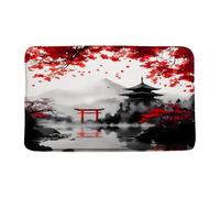 Felpudos Japanese Cherry Black Red Floral Mountain Sun Anime Oriental Landscabstract Ink Art Felpudo Interior Impermeable Felpudo Resistente para Cocina Oficina Portón 40X60 CM